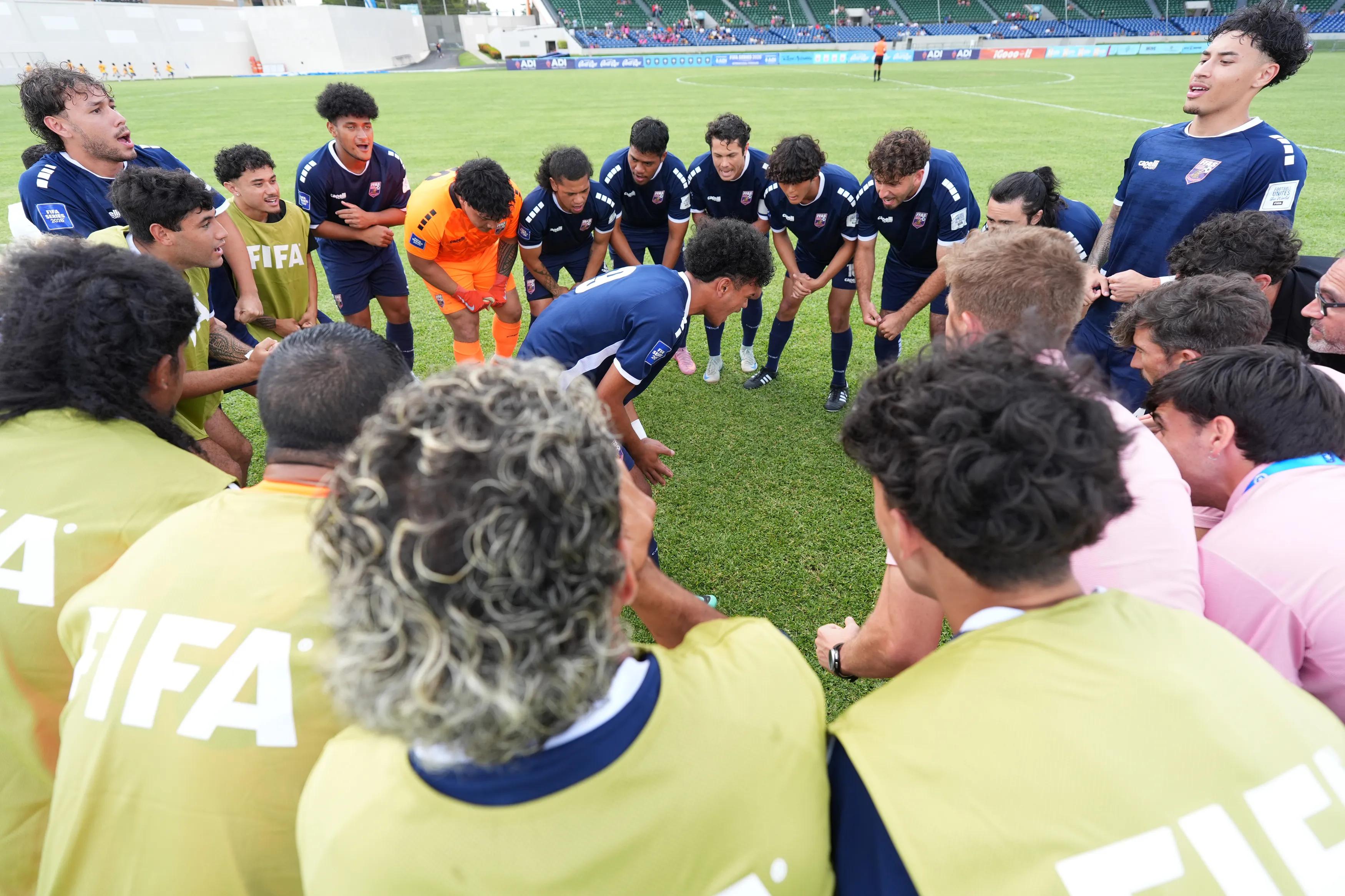 BAYAMON, PUERTO RICO - MARCH 28: Players of American Samoa huddle prior to the FIFA Series 2026 third place match between American Samoa and Guam at Estadio Juan Ramón Loubriel on March 28, 2026 in Bayamon, Puerto Rico.  (Photo by Raul Sifuentes - FIFA/FIFA via Getty Images)